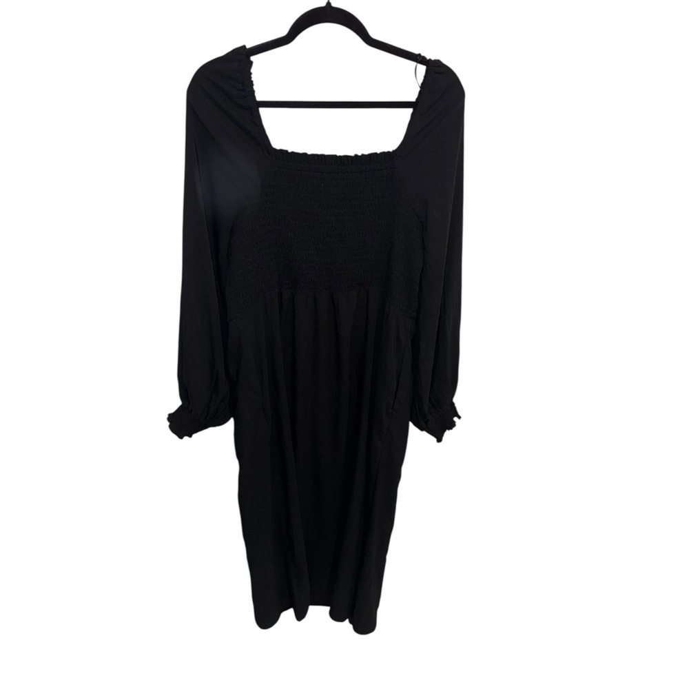 Black Smocked Midi Dress XL Long Sleeve Square Neck Casual Dress - Picture 4 of 8